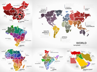 Maps infographic collection pack with World Map, China, Brazil, Africa, India and Middle East puzzle illustrations