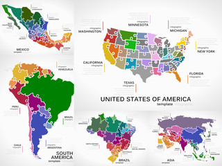 Maps infographic collection pack with America, Mexico, South America, Brazil and Asia puzzle illustrations