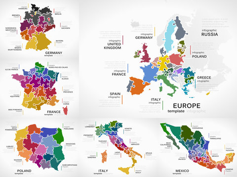 Maps infographic collection pack with Europe, Germany, France, Poland, Italy and Mexico puzzle illustrations
