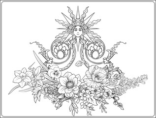 Summer flowers: poppy, daffodil, anemone, violet, in botanical style with vintage rococo frame for text. Stock line vector illustration. Outline hand drawing coloring page for adult coloring book.

