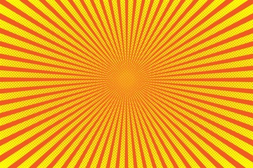 Bright sun rays background with yellow dots. Abstract comic background with halftone dots design. Vector illustration.