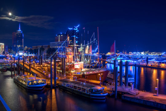 Hamburg, Panorama at night. With blue illuminated harbour