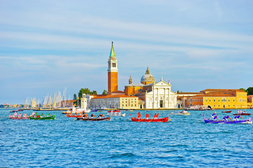 View of the historical Gondolas rowing on the Grand Canal in Venice