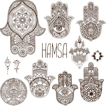 Hamsa is an amulet. Palm in the style of mehendi.