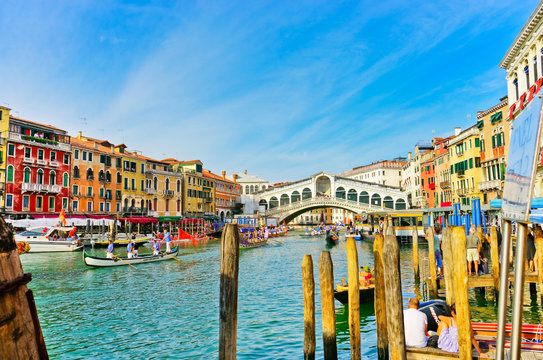 View of the historical gondolas rowing on the Grand Canal in Venice.