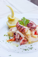 Appetizer of cuttlefish octopus and potatoes