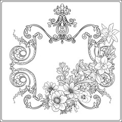 Summer flowers: poppy, daffodil, anemone, violet, in botanical style with vintage rococo frame for text. Stock line vector illustration. Outline hand drawing coloring page for adult coloring book.


