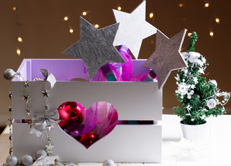 Christmas decorations with toys in box