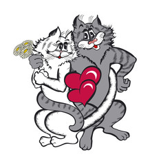 Loving cats embrace and look at each other.