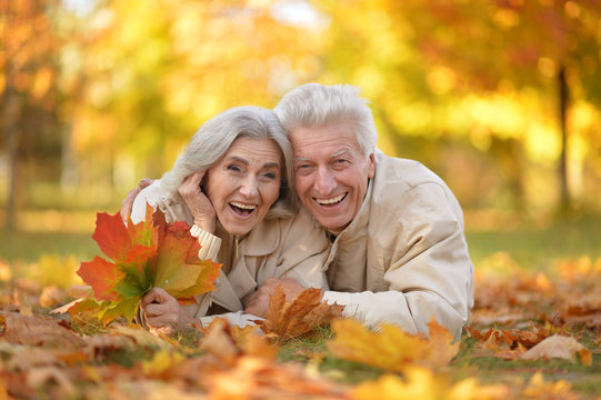  Caucasian Senior Couple With Leaves 