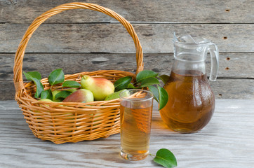 Pears in the basket and pear juice in a bottle