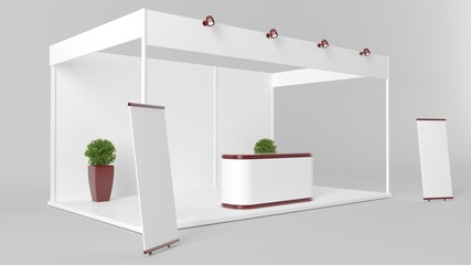 3d rendering of a white creative exhibition kiosk for branding
