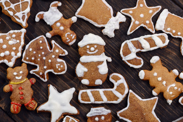 Gingerbread cookies on a wooden background