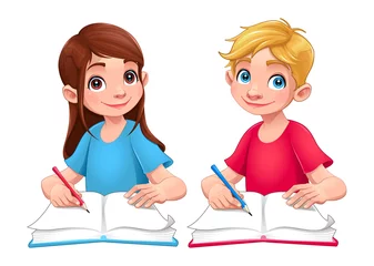  Young students boy and girl with books and pencils © ddraw