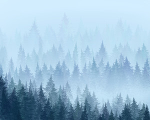 Forest in the fog. Minimalistic illustration. Digital drawing.