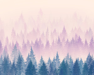 Obraz premium Las we mgle. Minimalistyczna ilustracja. Rysunek cyfrowy.