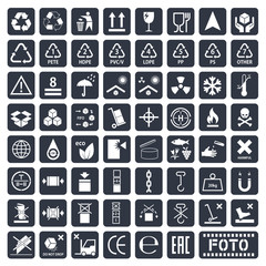 Packaging symbols set, cargo icons, vector illustration