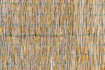 The texture of the dry reeds. Yellow reeds. A fence made of reeds. Dry grass.