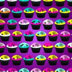 Abstract seamless pattern for girls or boys. Creative vector background with cupcake, skull, bat, halloween. Funny wallpaper for textile and fabric. Fashion style. Neon color picture for children