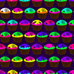 Abstract seamless pattern for girls or boys. Creative vector background with cupcake, skull, bat, halloween. Funny wallpaper for textile and fabric. Fashion style. Neon color picture for children