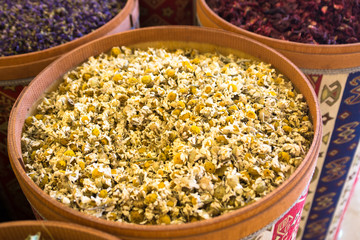 Сhamomile tea on the counter in the street food market
