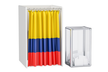 Colombian election concept, ballot box and voting booths with flag of Colombia, 3D rendering