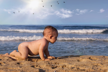 Fototapeta na wymiar Baby boy crawling on the golden beach near the water.