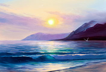 Plakaty  Morning on sea, wave, illustration, oil painting on a canvas.