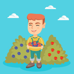 Caucasian boy holding the basket of strawberries and blueberries. Little boy standing on the background of the bushes of strawberries and blueberries. Vector sketch cartoon illustration. Square layout