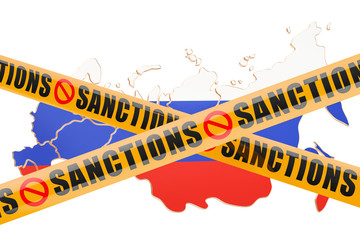 Sanctions concept with map of Russia, 3D rendering