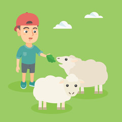 Little caucasian boy feeding a sheep with salad. Excited boy and sheep at the farm. Vector sketch cartoon illustration. Square layout.