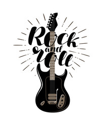 Rock and Roll, music concept. Guitar typographic design. Lettering vector illustration