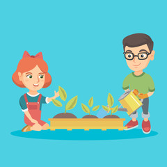 Caucasian boy and girl planting a sprout. Boy in garden gloves watering a sprout with a watering can and girl sitting near newly planted sprouts. Vector sketch cartoon illustration. Square layout.