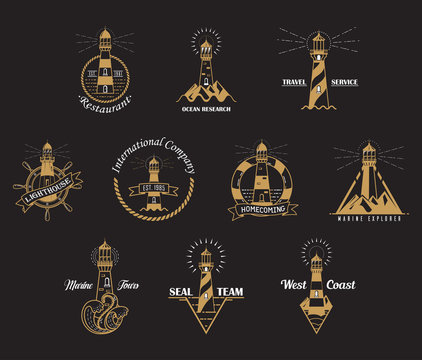 Set of isolated lighthouse icons with rocks