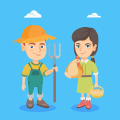 Caucasian farmer girl holding a chicken and basket of hen eggs in her hands and farmer boy in summer hat holding a garden rake. Vector sketch cartoon illustration. Square layout.