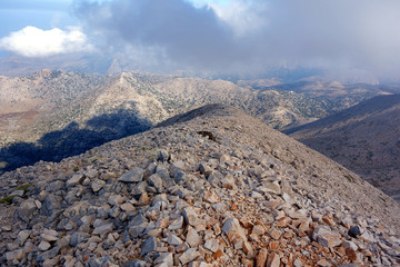 E4 European long distance hiking path near Katsiveli shelter on the Omalos Plateau, Lefka Ori Mountain Range, Crete, Greece