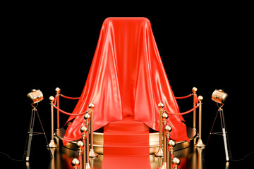 Podium with smartphone covered red cloth, presentation of new phone. 3D rendering