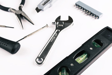 Set of various tools on white background.