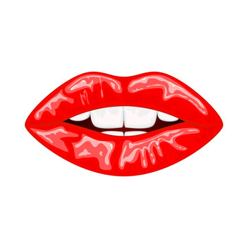 Red female lips on white background