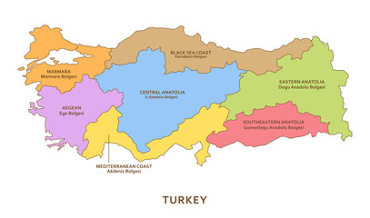 Turkey regions, vector geography background