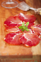 antipasti Platter of Cured Meat  jamon, closeup