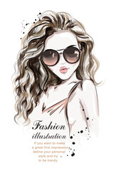 Beautiful young woman with long hair. Stylish hand drawn girl in sunglasses. Fashion woman. Sketch. Vector illustration.
