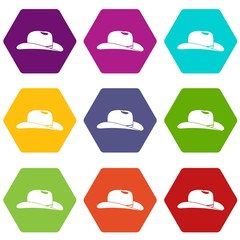 Cowboy hat icon set color hexahedron