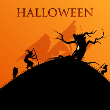 Halloween night background with spooky tree and horrors, illustration Happy Halloween vector design