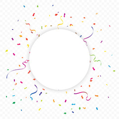 Colorful Confetti With Streamer Ribbon And Circle Frame. Celebration & Happy New Year Background. Vector Illustration