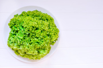 Top view Fresh green lettuce on round plate. Healthy plant based diet food. White wooden background. Selective focus, space for text.