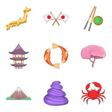 Nippon icons set, cartoon style