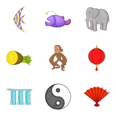 Must see places icons set, cartoon style