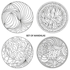 Set. Zendala. Zentangle. Hand drawn circle mandala with abstract patterns on isolation background. Design for spiritual relaxation for adults. Line art. Black and white illustration for coloring.