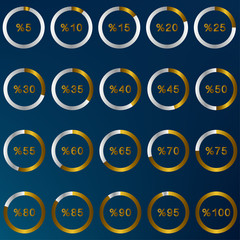silver and gold color set of circle percentage diagrams desing 0 to 100